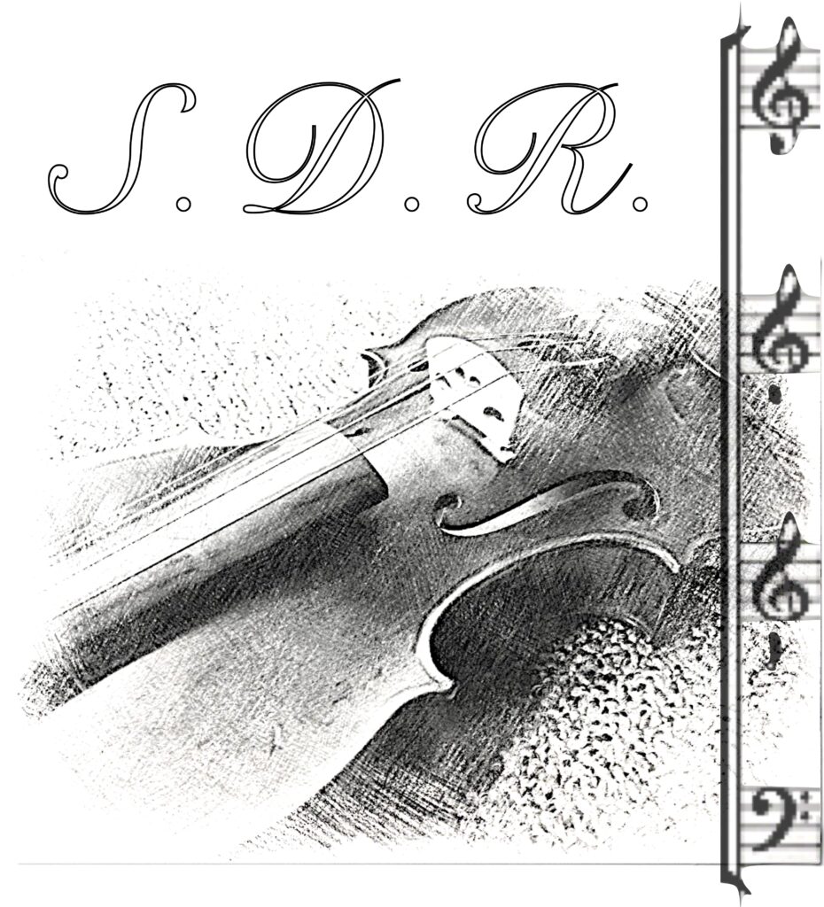 Composer logo with SDR initials, violin, and choral clefs in black and white
